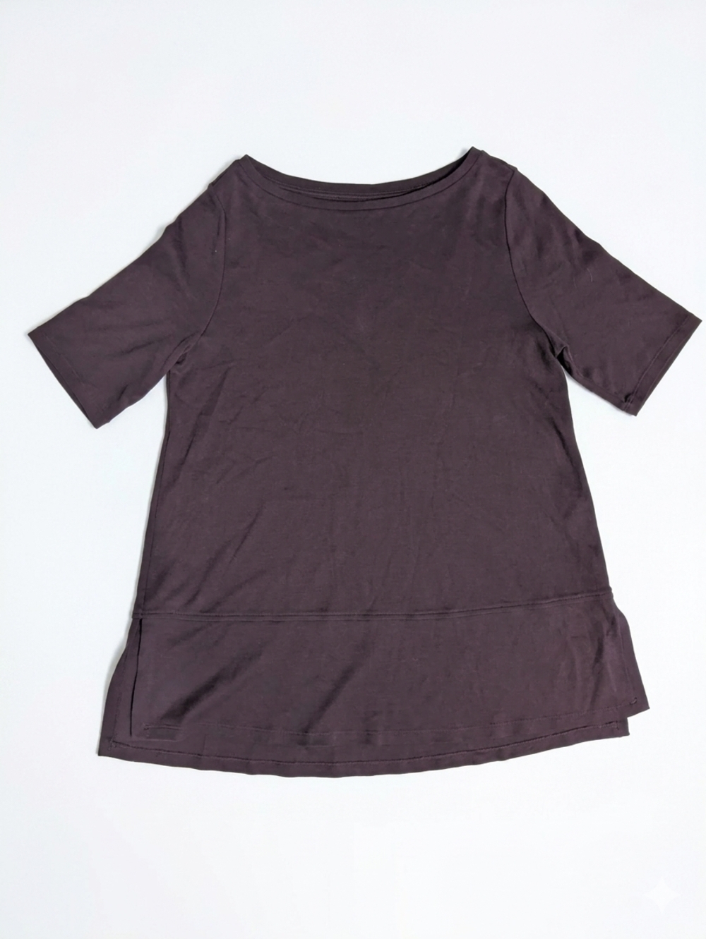 Eileen Fisher Organic Cotton Boat Neck Top XS Dark Plum Brown Short Sleeve Tunic